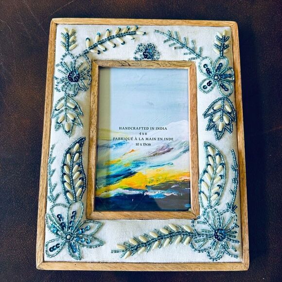 Boho Floral Beaded Fabric Indian Wood Picture Frame 4x6 - Picture 1 of 5